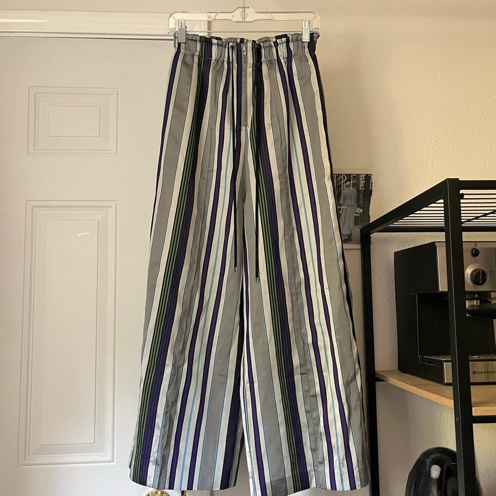 DES PRES‎ TOMMOROWLAND japanese designer grey striped high rise wide leg pants